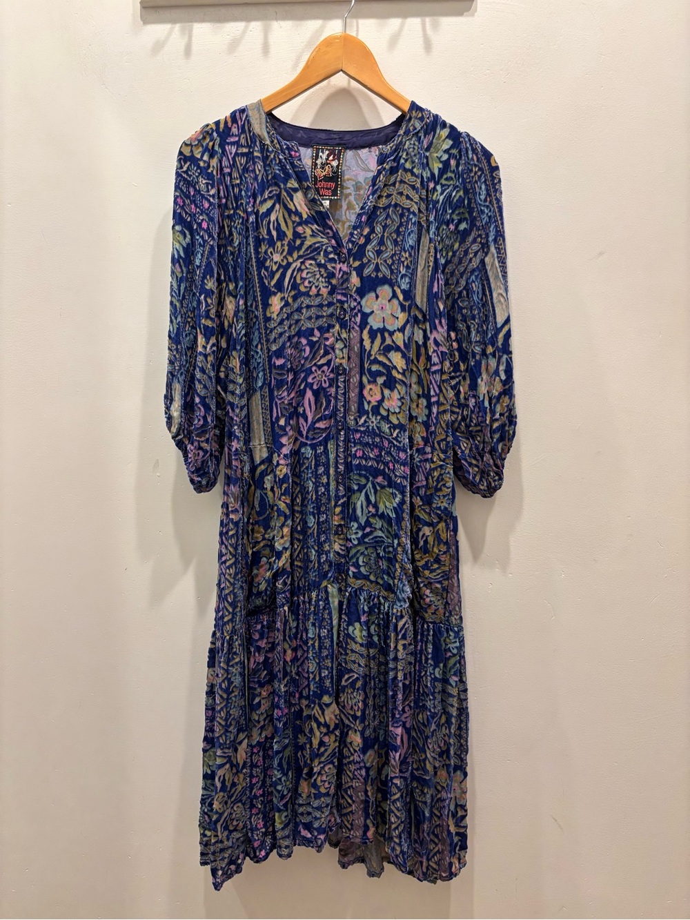 Johnny Was Navy Blue Floral Midi Dress with Lavender & Green Accents